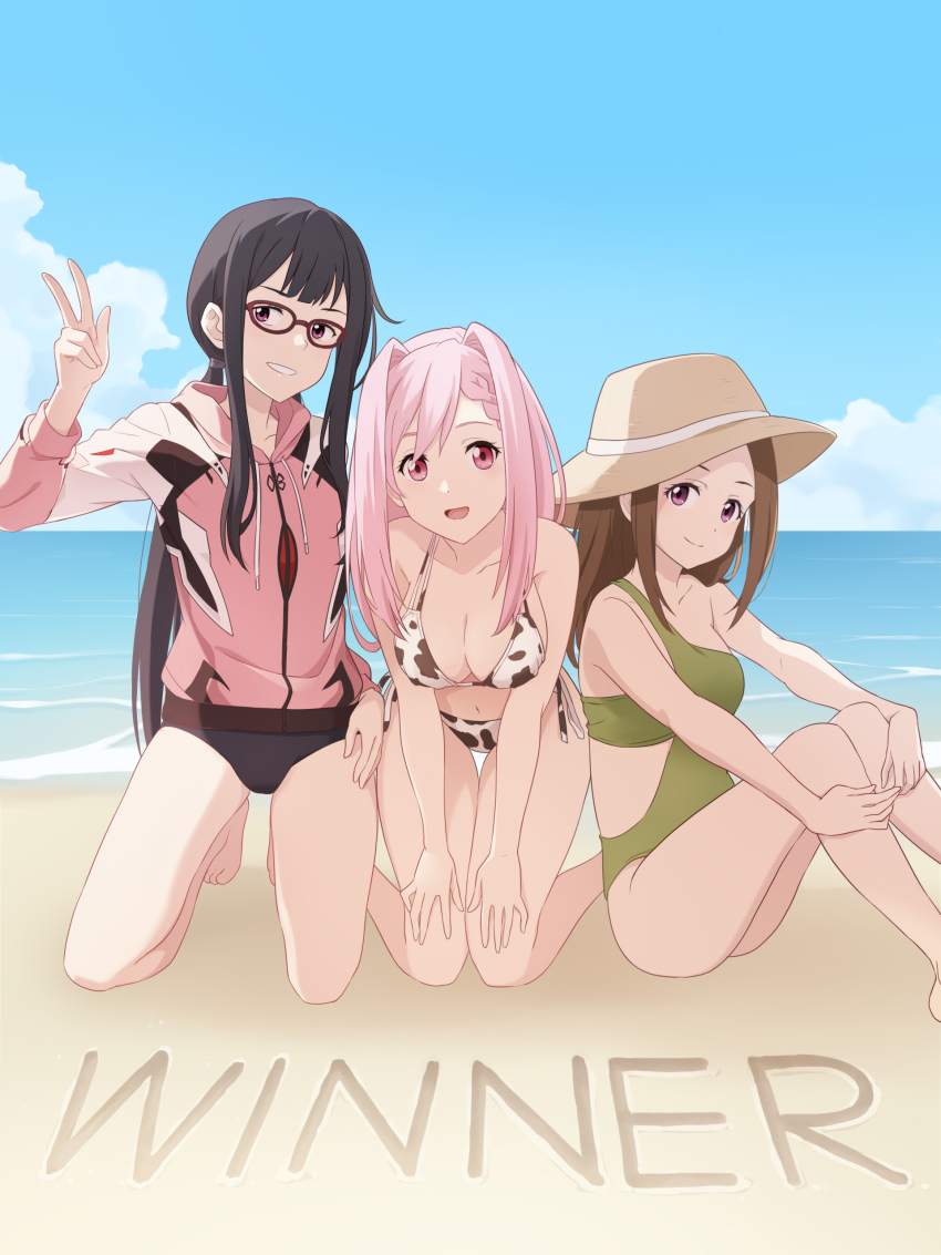 3girls :d absurdres animal_print asagumo_chihaya barefoot beach bikini black_hair blue_sky braid breasts brown_hair brown_hat cloud cow_print cow_print_bikini day feet_out_of_frame green_one-piece_swimsuit hand_on_own_hip hands_on_own_legs hat highres himemiya_karen hood hoodie hugging_own_legs laofuzi_dai_bansho large_breasts long_hair long_sleeves looking_at_viewer make_heroine_ga_oo_sugiru! multiple_girls one-piece_swimsuit open_mouth outdoors pink_eyes pink_hair pink_hoodie print_bikini red-framed_eyewear sand side-tie_bikini_bottom sitting sky small_breasts smile sun_hat swimsuit tsukinoki_koto v very_long_hair water