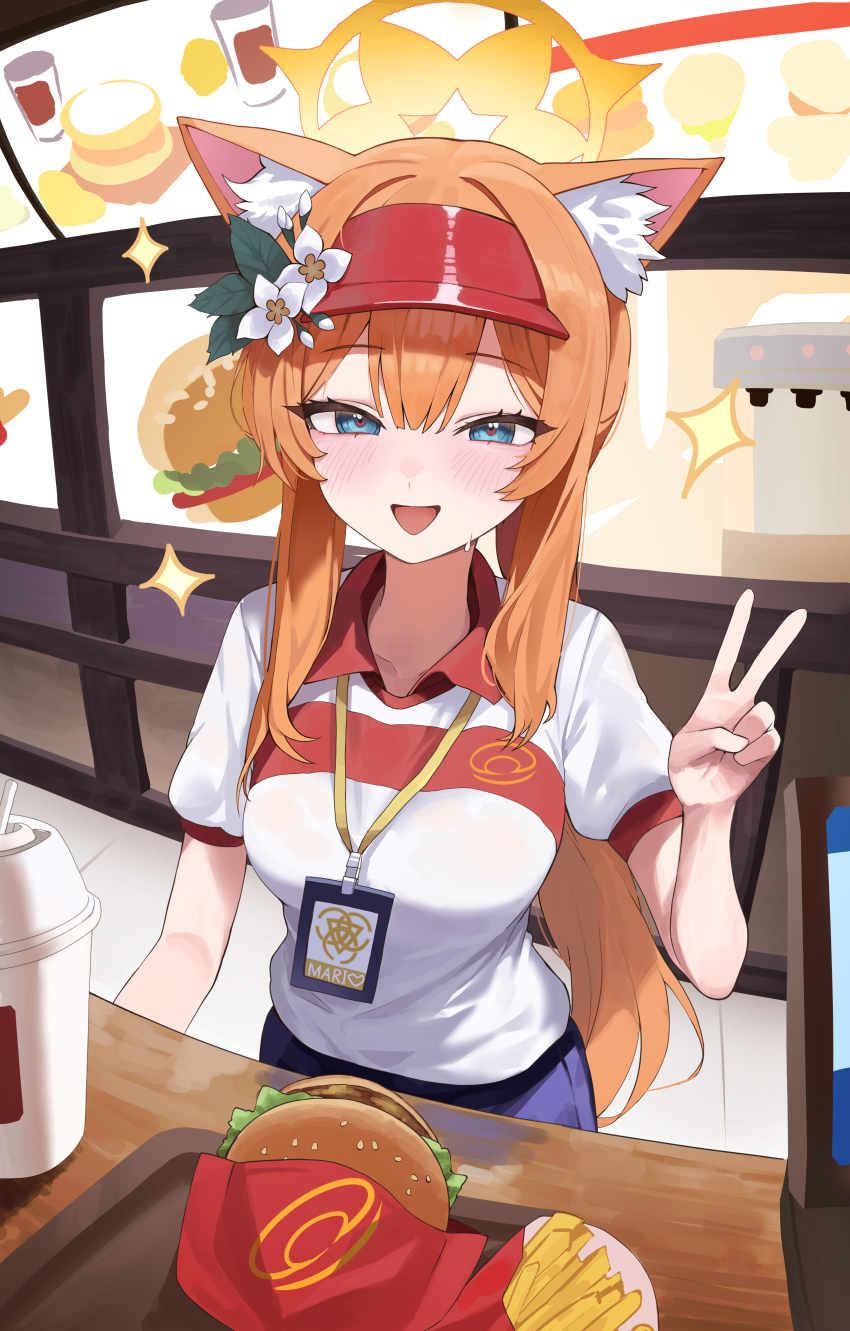 1girl absurdres alternate_breast_size alternate_costume animal_ear_fluff animal_ears blue_archive blue_eyes blush burger cashier cat_ears cat_girl collared_shirt cup disposable_cup employee_uniform fast_food fast_food_uniform food french_fries hair_between_eyes halo hand_up highres id_card lanyard looking_at_viewer mari_(blue_archive) menu_board open_mouth orange_hair puffy_short_sleeves puffy_sleeves setakman shirt short_sleeves sidelocks solo sparkle sparkling_aura sweat tray trinity_general_school_logo v visor_cap wet wet_clothes wet_shirt white_shirt yellow_halo