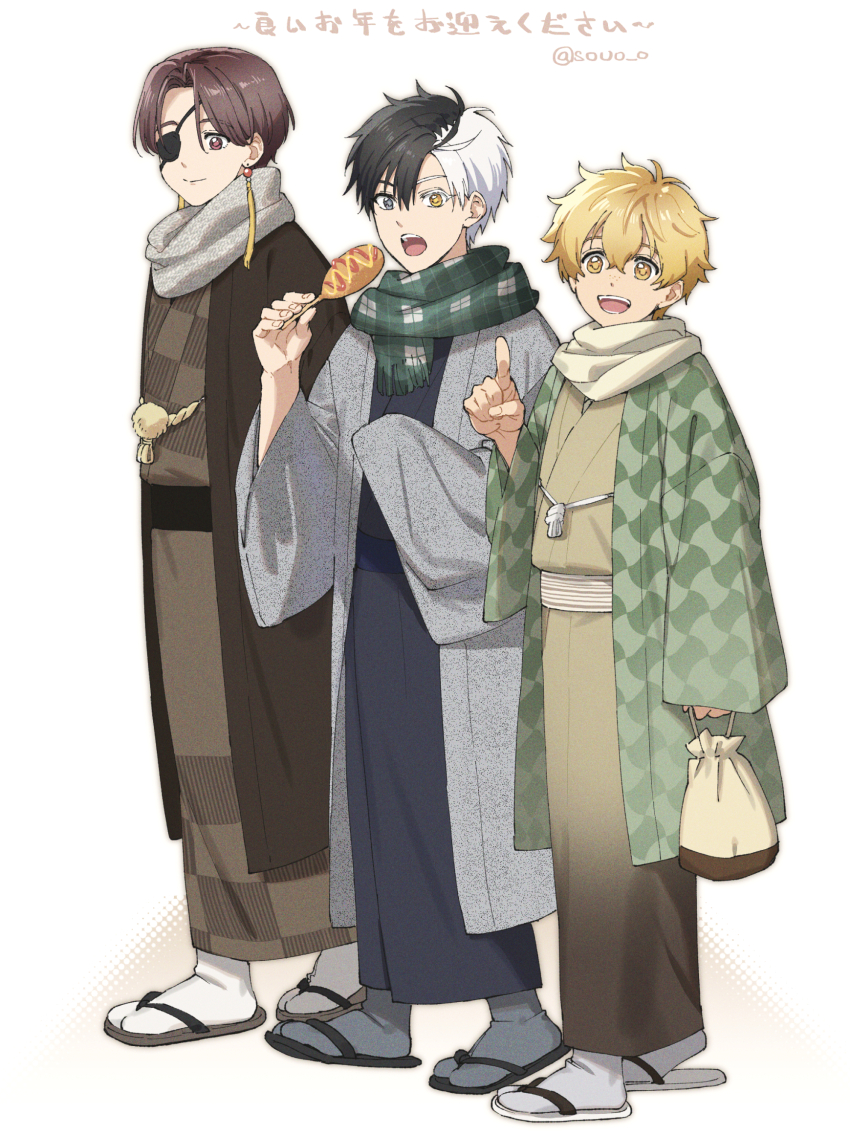 3boys black_hair blonde_hair brown_hair corn_dog earrings eyepatch green_scarf heterochromia highres japanese_clothes jewelry long_sleeves multicolored_hair multiple_boys nirei_akihiko open_mouth pointing sakura_haruka_(wind_breaker) sandals scarf short_hair smile soul_(tamashii) split-color_hair suo_hayato tassel tassel_earrings two-tone_hair white_hair wide_sleeves wind_breaker_(nii_satoru) yellow_eyes zouri