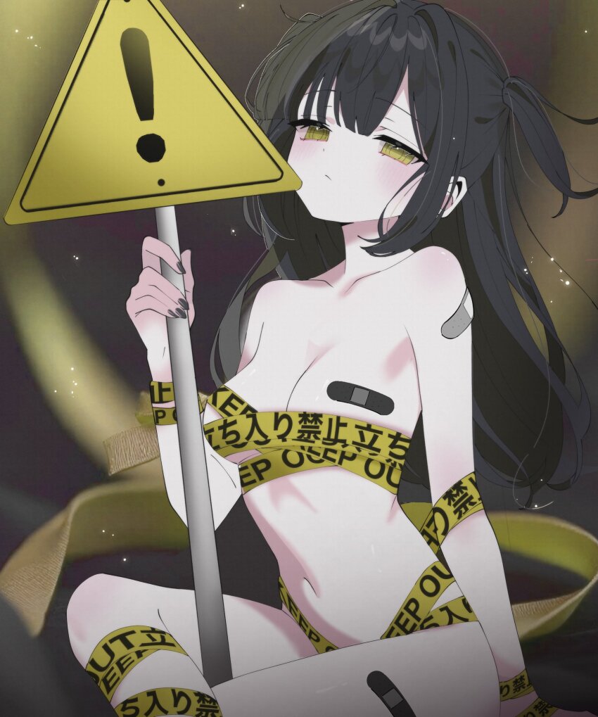 1girl am_(namagoml_1) bandaid bandaid_on_arm bandaid_on_breast bandaid_on_leg black_hair black_nails breasts caution_tape half-closed_eyes highres long_hair medium_breasts naked_tape navel original sign solo stomach warning_sign yellow_eyes