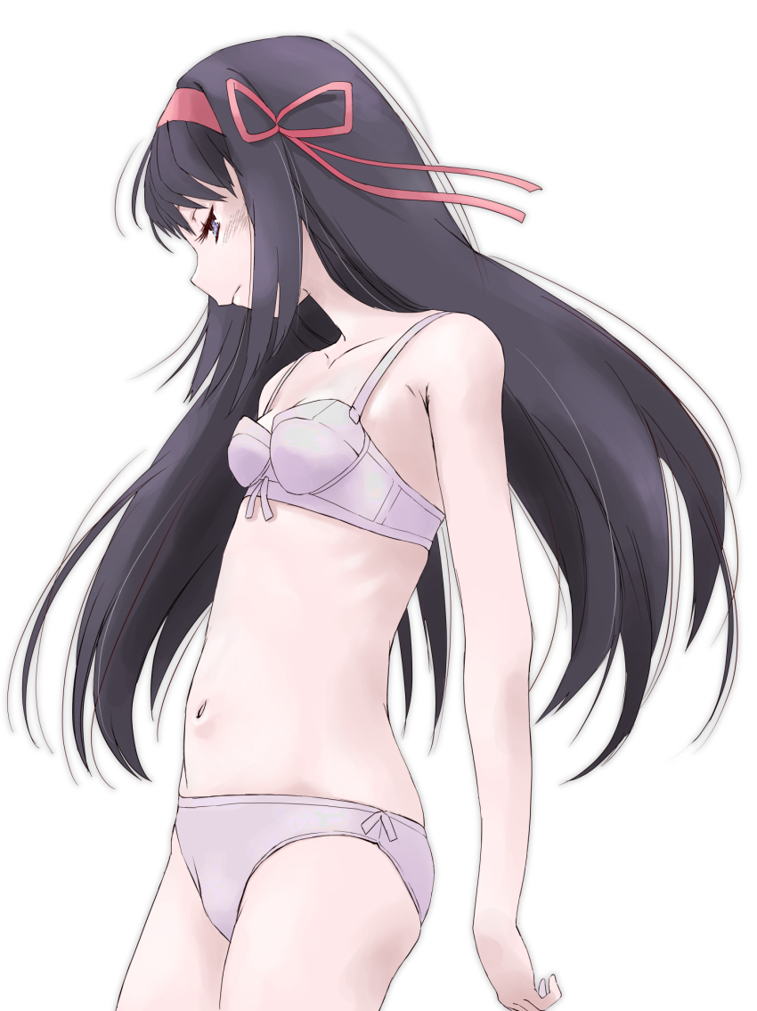 1girl akemi_homura black_hair blue_eyes bow bow_bra bra breasts closed_mouth collarbone cowboy_shot from_side hair_ribbon hairband highres loli long_hair mahou_shoujo_madoka_magica mahou_shoujo_madoka_magica_(anime) marutaya navel panties profile purple_bra purple_panties red_hairband red_ribbon ribbon simple_background small_breasts solo underwear underwear_only white_background