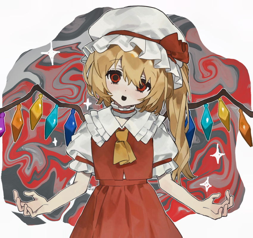 1girl abstract_background ascot bad_apple!! basil_0527 blonde_hair bow choker collared_shirt commentary cowboy_shot crystal crystal_wings empty_eyes flandre_scarlet frilled_choker frilled_shirt_collar frilled_sleeves frills hat hat_bow head_tilt highres light_smile looking_at_viewer mob_cap multicolored_wings open_mouth outline puffy_short_sleeves puffy_sleeves red_bow red_eyes red_skirt red_vest shirt short_sleeves skirt skirt_set solo sparkle straight-on touhou vest white_hat white_outline white_shirt wings yellow_ascot