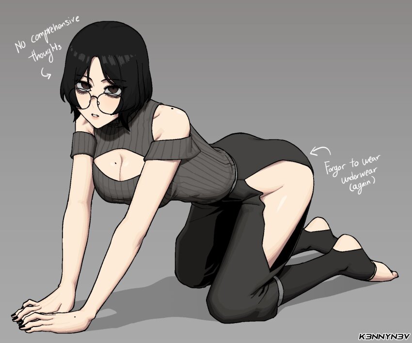 1girl all_fours arrow_(symbol) bags_under_eyes bare_arms bare_shoulders black_hair black_nails breasts cleavage cleavage_cutout clothing_cutout collarbone commentary draw_your_babygirl_(meme) english_commentary english_text expressionless feet glasses grey_background grey_sweater hands_on_ground highres hip_vent k3nnyn3v large_breasts looking_at_viewer meme meme_attire mole mole_on_breast mole_on_hand mole_on_shoulder nail_polish open-chest_sweater original pale_skin parted_lips solo stirrup_legwear sweater toeless_legwear