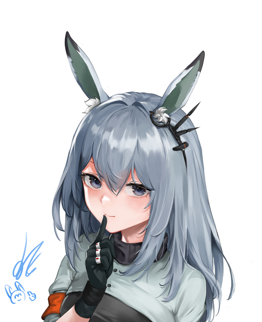 1girl absurdres animal_ears arknights armband black_gloves black_sweater closed_mouth ear_ornament finger_to_mouth frostnova_(arknights) gloves grey_eyes grey_hair grey_shirt hair_between_eyes hand_up highres je_(user_fhhz4732) light_smile long_hair looking_at_viewer orange_armband rabbit_ears rabbit_girl shirt signature simple_background solo sweater upper_body white_background