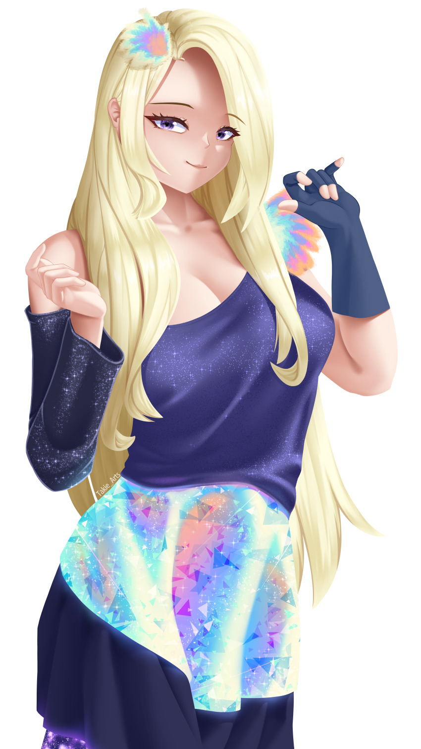 1girl absurdres blonde_hair breasts cleavage crystal_dress detached_sleeves dress feathers gloves glowing_clothes hair_behind_ear highres long_hair looking_at_viewer original purple_eyes skirt sparkle takie_arts very_long_hair white_background