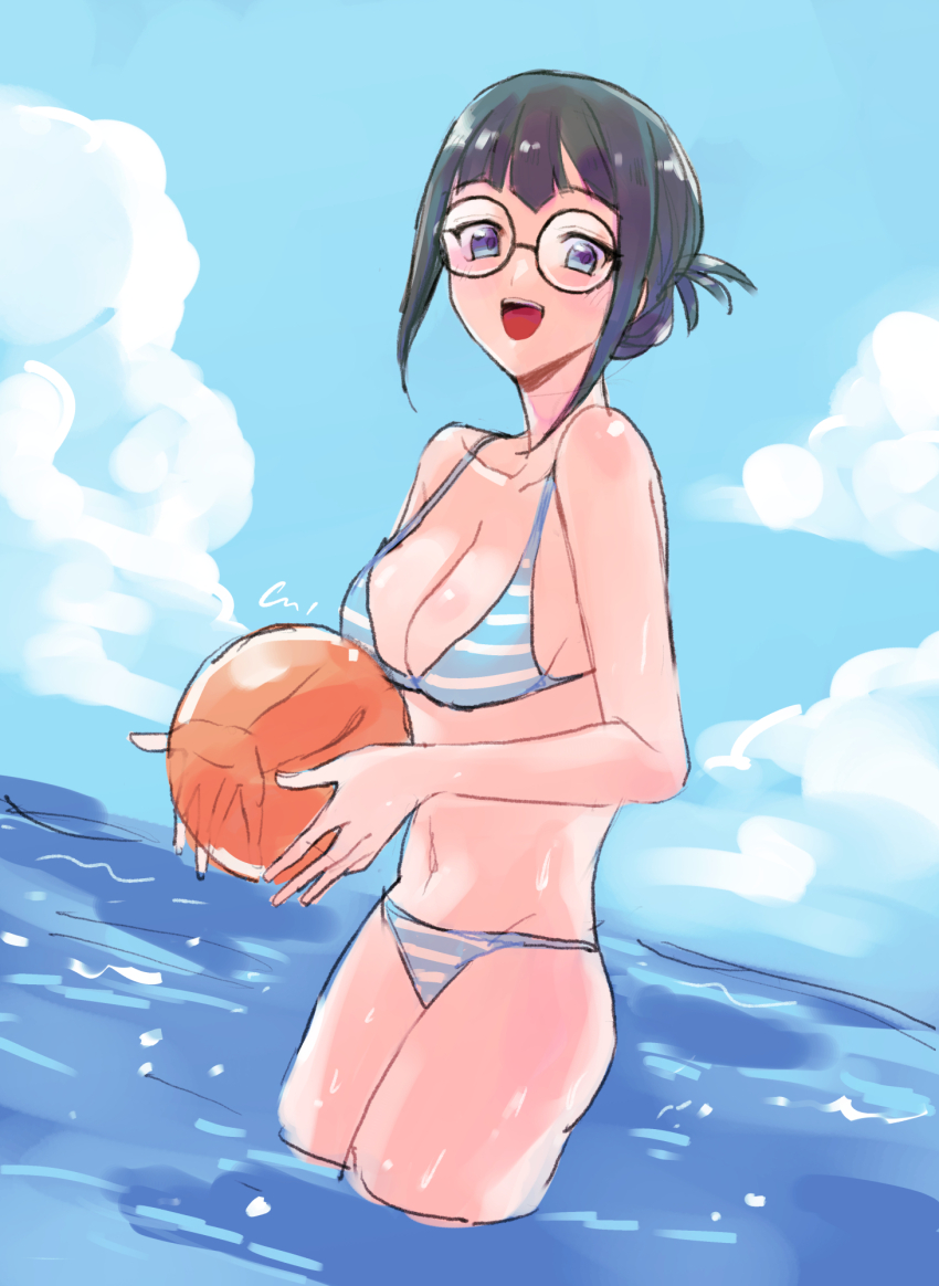 1girl :d ball beachball bikini black_hair blue_eyes blue_stripes blush breasts carly_nagisa cleavage cloud cloudy_sky glasses hair_bun happy highres ishinonono navel ocean open_mouth round_eyewear sky smile solo striped_bikini striped_clothes swimsuit wet yu-gi-oh! yu-gi-oh!_5d&#039;s