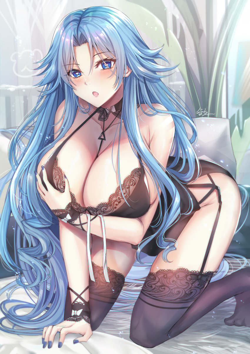 1girl :o absurdres arm_support azur_lane babydoll bare_shoulders between_breasts black_babydoll black_choker black_nails black_thighhighs blue_eyes blue_hair blush breasts choker cleavage collarbone commentary drill_hair full_body garter_straps grabbing_own_breast gu_li hair_between_eyes heart heart-shaped_pupils highres huge_breasts huge_filesize kneeling lace lace-trimmed_legwear lace_trim long_hair looking_at_viewer nail_polish official_alternate_costume on_bed parted_bangs pillow revision ribbon shadow sidelocks signature skindentation solo sovetskaya_belorussiya_(azur_lane) sovetskaya_belorussiya_(relaxation_stratagem)_(azur_lane) symbol-shaped_pupils thighhighs very_long_hair wrist_cuffs wrist_ribbon