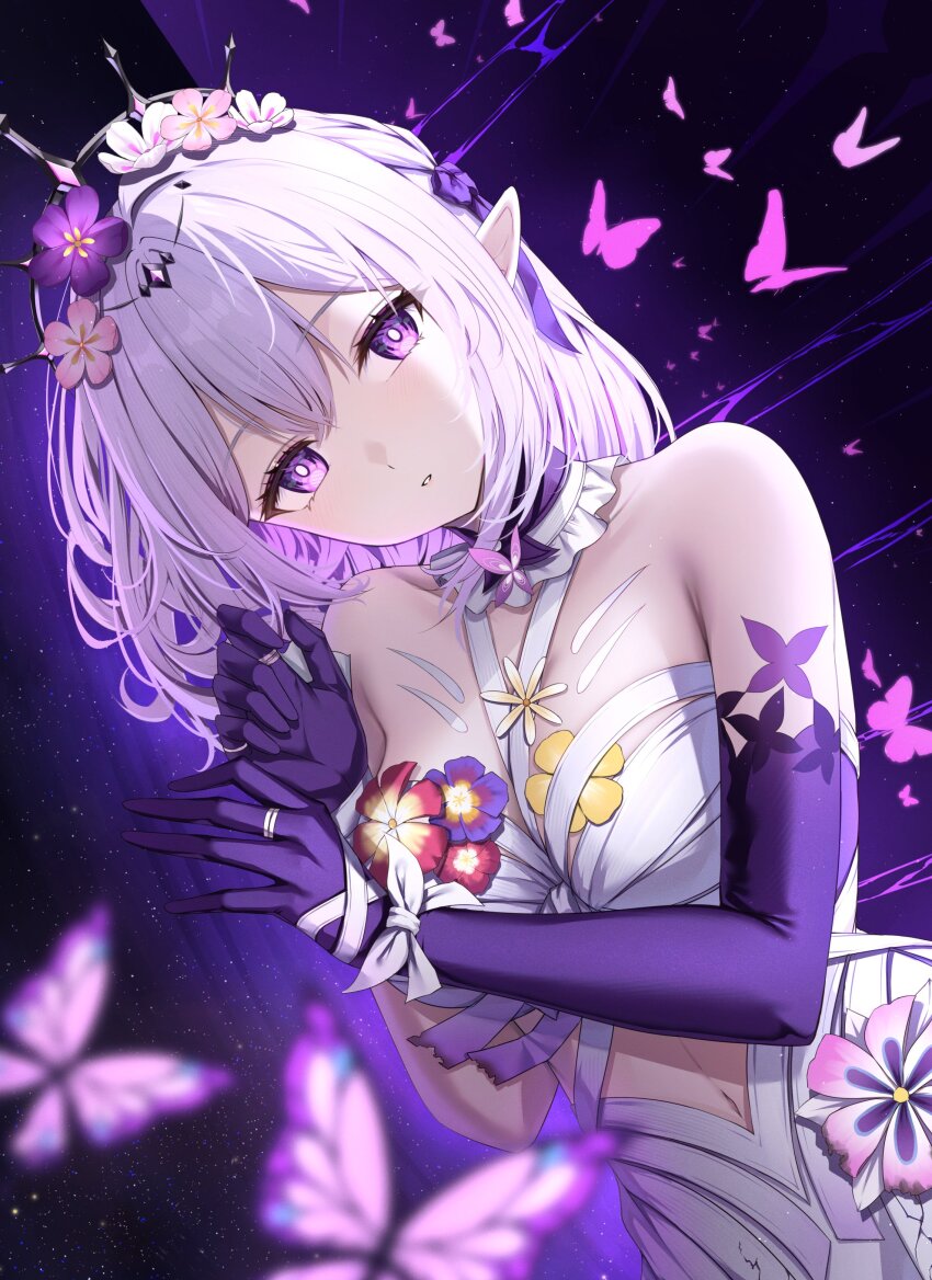 1girl absurdres bare_shoulders blurry blurry_foreground breasts bright_pupils bug butterfly castorice_(honkai:_star_rail) commentary dutch_angle flower gloves hair_flower hair_ornament halterneck highres honkai:_star_rail honkai_(series) insect jewelry large_breasts looking_at_viewer lying navel on_side pointy_ears purple_butterfly purple_eyes purple_gloves purple_hair purple_theme ring sakuno_(sksk_sakuno) short_hair sidelocks solo stomach upper_body white_pupils