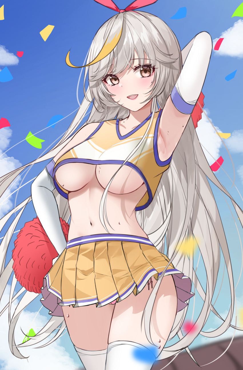 1girl :d absurdres arm_behind_head arm_up armpits blonde_hair blouse blue_sky blush breasts brown_eyes cheerleader collarbone confetti cowboy_shot crop_top day elbow_gloves empress_(last_origin) gloves grey_hair hair_ribbon hand_on_own_hip highres keystone_(costone) large_breasts last_origin long_hair looking_at_viewer miniskirt multicolored_hair navel open_mouth outdoors panties pink_panties pink_ribbon pleated_skirt pom_pom_(cheerleading) pom_pom_(clothes) ribbon shirt side-tie_panties skirt sky sleeveless smile solo stomach streaked_hair thighhighs two-tone_hair underboob underwear very_long_hair white_gloves white_thighhighs yellow_shirt