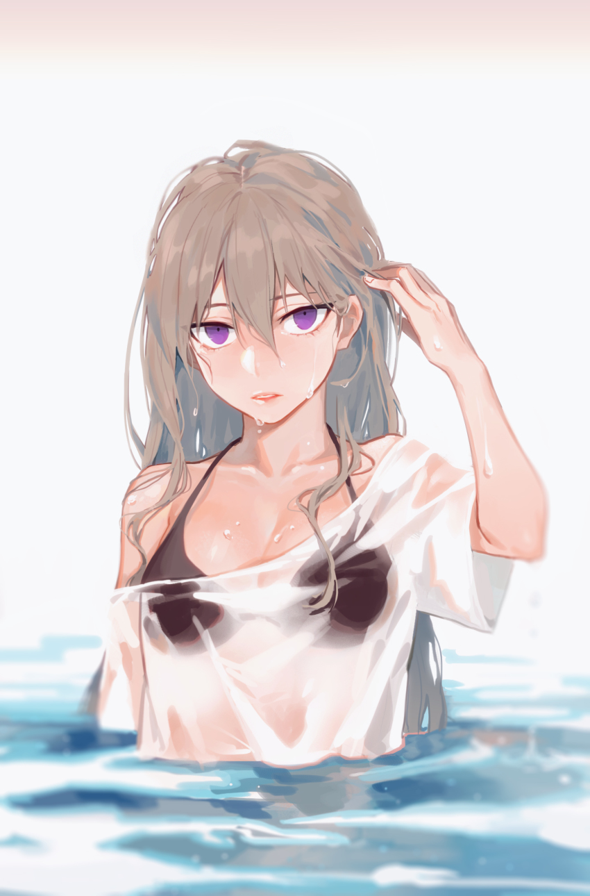 1girl 8c bad_id bad_pixiv_id blush breasts brown_hair cleavage collarbone female_focus highres large_breasts long_hair looking_at_viewer original parted_lips partially_submerged purple_eyes shirt solo upper_body wet wet_clothes wet_shirt