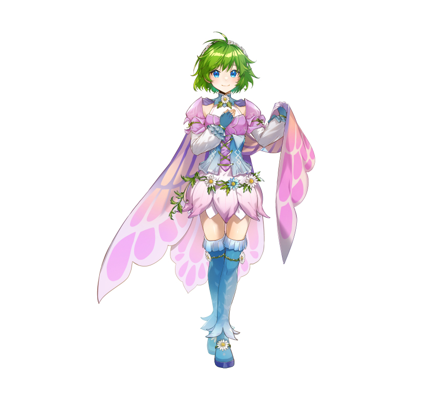 1girl absurdres aiwo_o_lite alternate_costume antenna_hair belt blue_eyes cape closed_mouth commentary_request detached_sleeves fingerless_gloves fire_emblem fire_emblem:_the_blazing_blade fire_emblem_heroes flower full_body gloves gradient_clothes green_hair hand_on_own_chest highres holding long_sleeves looking_at_viewer nino_(fire_emblem) nintendo official_art short_hair simple_background skirt smile solo standing thighhighs turtleneck white_background zettai_ryouiki