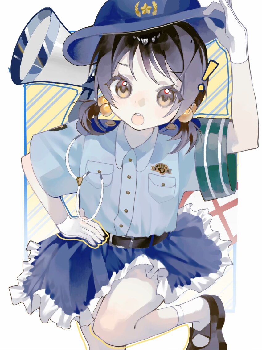 ! 1girl belt black_belt black_hair blue_outline blue_skirt brown_eyes buttons child collared_shirt commentary eyelashes gloves hand_on_own_hip hat highres kaai_yuki li_(pixiv_93914145) looking_at_viewer low_twintails megaphone open_mouth outline police police_hat police_uniform shirt short_hair short_sleeves short_twintails skirt solo standing standing_on_one_leg twintails vocaloid white_gloves