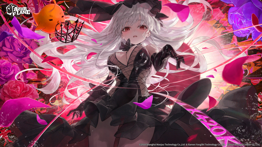 1girl architecture azur_lane backless_dress backless_outfit black_dress black_veil breasts bridal_veil commentary copyright_name copyright_notice crown dress fishnet_fabric goth_fashion highres latex latex_dress long_hair looking_at_viewer milestone_celebration mini_crown official_art queen_elizabeth_(azur_lane) queen_elizabeth_(meta)_(azur_lane) r_o_ha red_eyes sleeveless solo strapless strapless_dress thorns veil