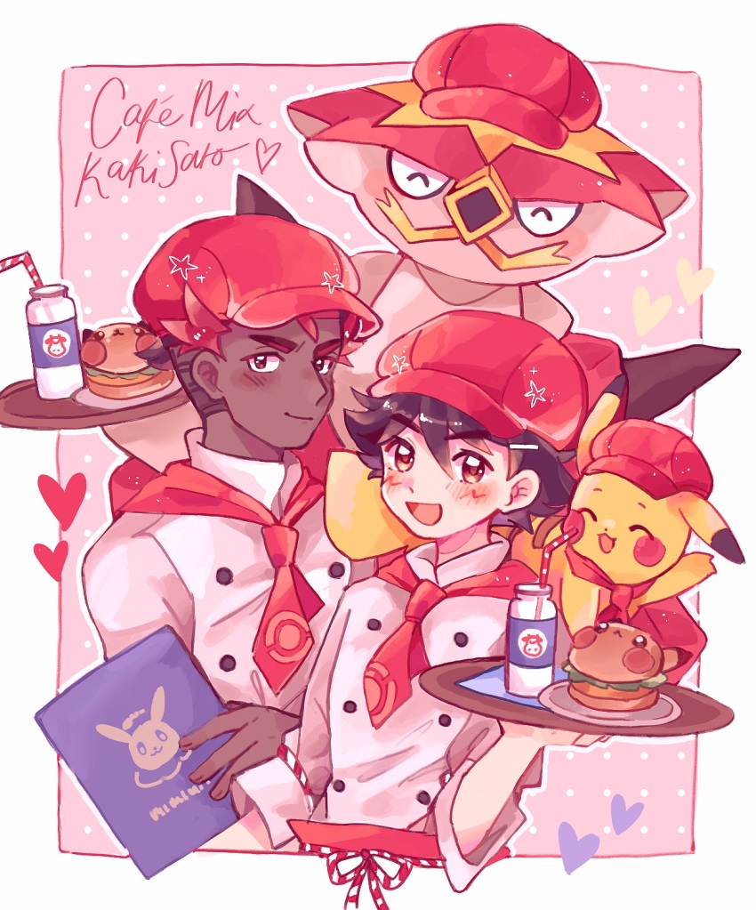 2boys :d alternate_costume ash_ketchum bottle brown_eyes brown_hair burger buttons catsubun_(kkst0904) closed_mouth commentary_request creatures_(company) drinking_straw food game_freak gen_1_pokemon gen_7_pokemon hair_between_eyes hat heart highres holding holding_tray jacket kiawe_(pokemon) male_focus menu milk_bottle moomoo_milk multiple_boys necktie nintendo open_mouth pikachu pokemon pokemon_(anime) pokemon_(creature) pokemon_cafe_remix pokemon_sm_(anime) red_headwear red_necktie short_hair smile tongue tray turtonator upper_body waiter white_jacket