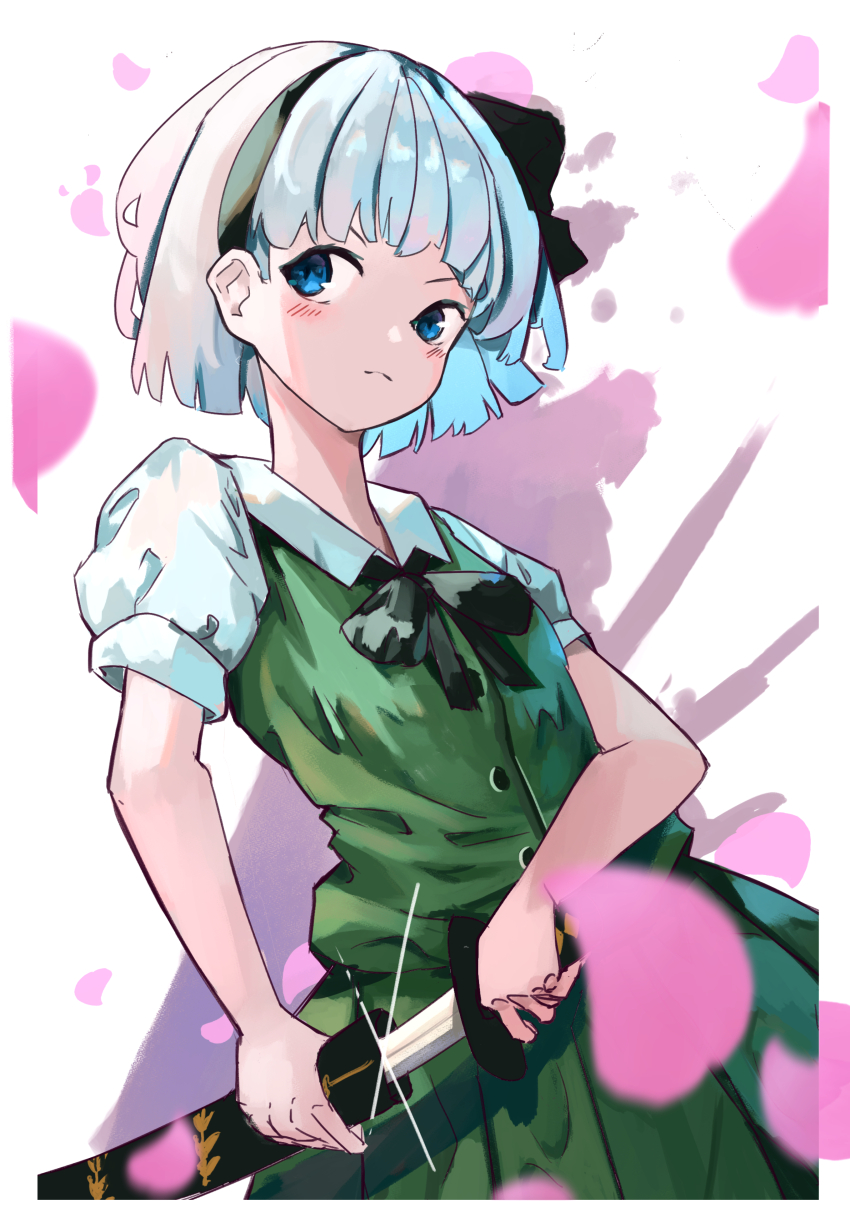 1girl absurdres black_bow black_bowtie black_hairband bow bowtie closed_mouth collared_shirt commentary english_commentary green_skirt green_vest grey_hair hairband highres konpaku_youmu looking_at_viewer shirt short_hair short_sleeves skirt solo touhou vanilla_flan vest white_shirt