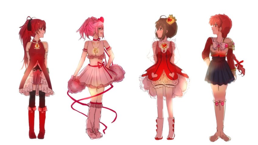 4girls amulet_heart arms_behind_back asymmetrical_clothes bare_shoulders black_ribbon black_skirt black_thighhighs boots bow bowtie braid brooch brown_hair cardcaptor_sakura cardcaptor_sakura_clear_card_arc color_connection crossover crown full_body guardian_chara hair_ribbon hand_on_own_hip hay_fev_12 heart heart_brooch high-low_skirt high_ponytail highres hinamori_amu jewelry kinomoto_sakura kinomoto_sakura_(red_hearts_costume) knee_boots long_hair looking_at_another magic_knight_rayearth magical_girl mahou_shoujo_madoka_magica mahou_shoujo_madoka_magica_(anime) midriff mini_crown multiple_crossover multiple_girls navel pink_hair pink_skirt pleated_skirt pom_pom_(cheerleading) red_footwear red_hair ribbon sakura_kyoko sakura_kyoko_(magical_girl) shidou_hikaru shoulder_guard shugo_chara! sidelocks simple_background skirt soul_gem standing thighhighs white_background white_bow white_bowtie