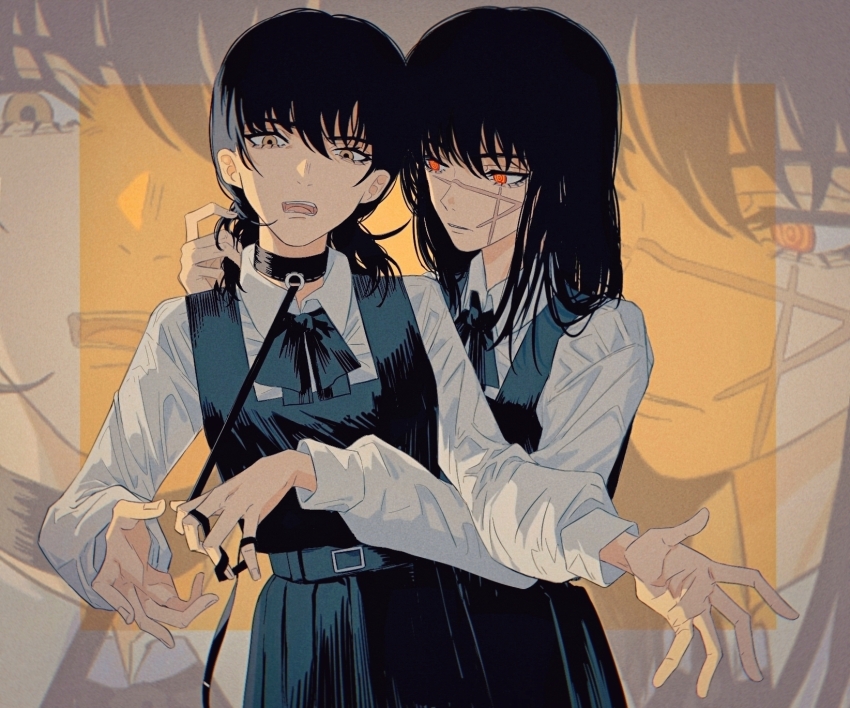 2girls belt black_belt black_bow black_bowtie black_dress black_hair border bow bowtie breasts brown_eyes chainsaw_man collar collared_shirt dress fingernails fourth_east_high_school_uniform grey_border grey_shirt hair_between_eyes hand_up hands_up highres leash long_hair long_sleeves looking_at_another looking_down low_twintails medium_breasts mitaka_asa multiple_girls open_mouth orange_background outside_border pinafore_dress ponytail puffy_long_sleeves puffy_sleeves red_eyes scar school_uniform selfcest shirt short_hair short_ponytail simple_background sleeveless sleeveless_dress standing teeth tongue twintails yoru_(chainsaw_man) yumu_(8181018) yuri zoom_layer