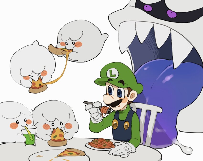 2boys blue_overalls boo_(mario) brown_hair crown drinking_straw facial_hair food ghost gloves green_shirt hat highres king_boo luigi luigi&#039;s_mansion male_focus mario_(series) mimimi_(mimimim9999) multiple_boys multiple_others mustache nintendo open_mouth overalls pasta pizza sharp_teeth shirt short_hair smile spaghetti teeth tongue tongue_out