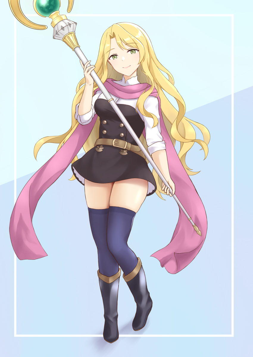 1girl black_footwear blonde_hair blue_thighhighs boots border dress fire_emblem fire_emblem:_the_binding_blade fire_emblem:_three_houses garreg_mach_monastery_uniform green_eyes highres holding holding_staff long_hair long_sleeves looking_at_viewer nintendo pink_scarf saint_elimine_(fire_emblem) scarf short_dress simple_background smile solo staff takaneko thighhighs very_long_hair white_border zettai_ryouiki