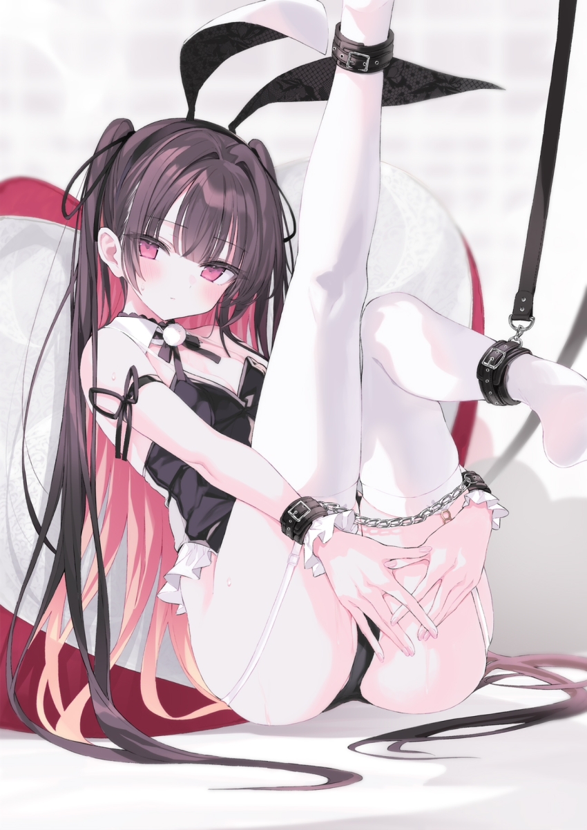 1girl ankle_cuffs black_hair black_leotard bound bound_legs cuffs garter_belt hair_ornament handcuffs hugging_object leotard multicolored_hair nanananana original rabbit_hair_ornament sitting thighhighs two-tone_hair white_thighhighs