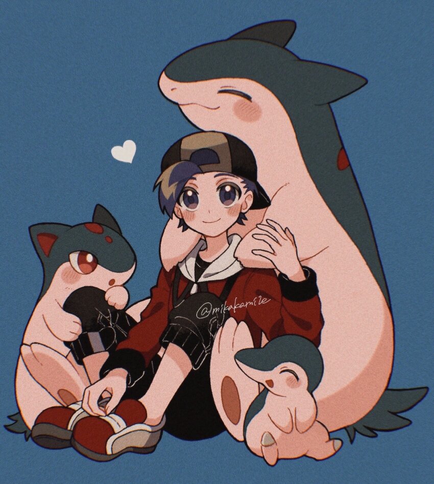 1boy backwards_hat baseball_cap black_hair black_pants blue_background closed_eyes closed_mouth creatures_(company) cyndaquil ethan_(pokemon) evolutionary_line game_freak gen_2_pokemon hat highres jacket looking_up male_focus mikakami1e nintendo pants pokemon pokemon_(creature) pokemon_hgss quilava red_eyes red_jacket simple_background sitting smile typhlosion