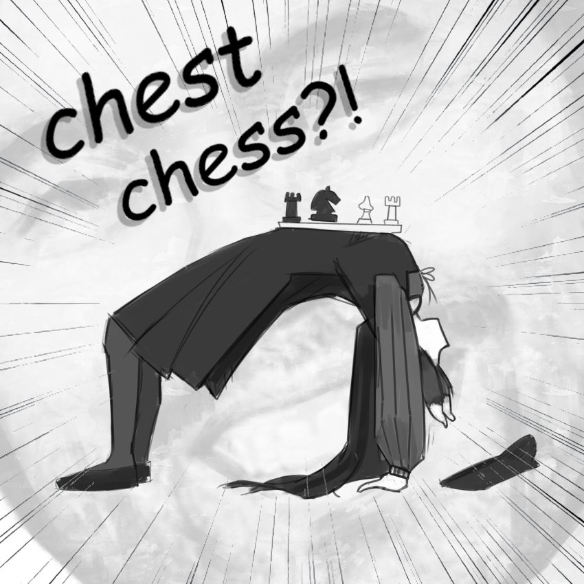 absurdres bent board_game body_bridge chess chess_piece chessboard comic_sans commentary dress emphasis_lines english_commentary english_text from_side greyscale highres hololive hololive_english long_hair monochrome ninomae_ina&#039;nis ninomae_ina&#039;nis_(casual) pantyhose shirt tentacle_hair very_long_hair virtual_youtuber xyanaid