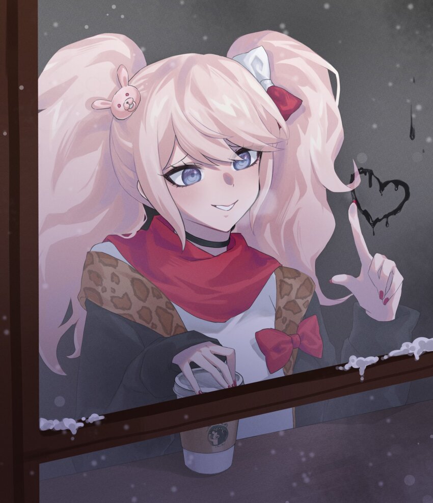 big_hair blonde_hair blue_eyes bow choker coffee condensation danganronpa:_trigger_happy_havoc danganronpa_(series) enoshima_junko hair_ornament heart highres hy_(fjvlg) rabbit_hair_ornament red_bow red_scarf scarf smile window_fog