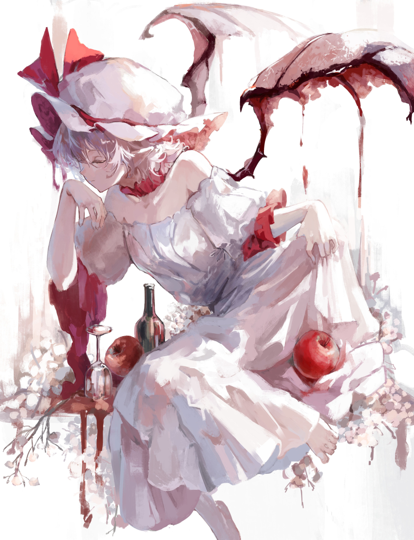 1girl absurdres apple bare_shoulders bat_wings blood bottle closed_eyes cup dress drinking_glass food fruit grey_hair hat highres mob_cap off-shoulder_dress off_shoulder pink_dress pink_hat pointy_ears remilia_scarlet sawararado simple_background sitting solo touhou white_background wine_glass wings