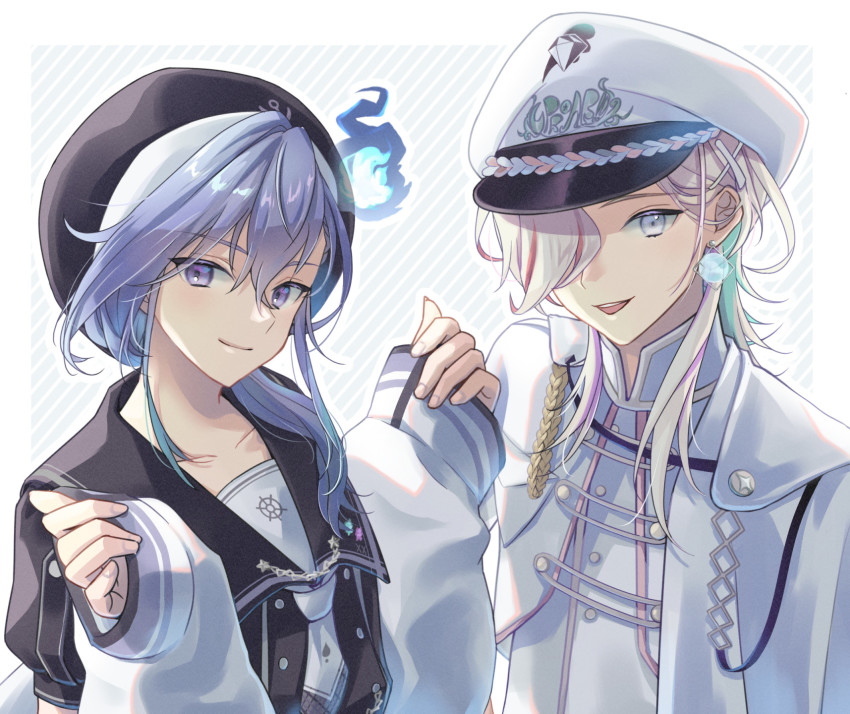 2boys :d aiguillette anchor_symbol aqua_hair black_headwear black_shirt blue_background border buttons cape cropped_jacket double-breasted hair_between_eyes hair_ornament hair_over_one_eye hair_over_shoulder hairclip hat highres hitodama holostars jacket lapel_pin long_hair looking_at_viewer luma8b male_focus medium_hair minase_rio multicolored_hair multiple_boys neckerchief off_shoulder official_alternate_costume open_mouth outside_border peaked_cap pinching_sleeves pink_hair puffy_short_sleeves puffy_sleeves purple_eyes purple_hair sailor_collar sailor_hat sailor_shirt shirt short_sleeves side_cape sleeves_past_wrists smile streaked_hair striped_background teeth upper_body upper_teeth_only utsugi_uyu virtual_youtuber white_border white_cape white_eyes white_hair white_headwear white_jacket white_neckerchief white_shirt