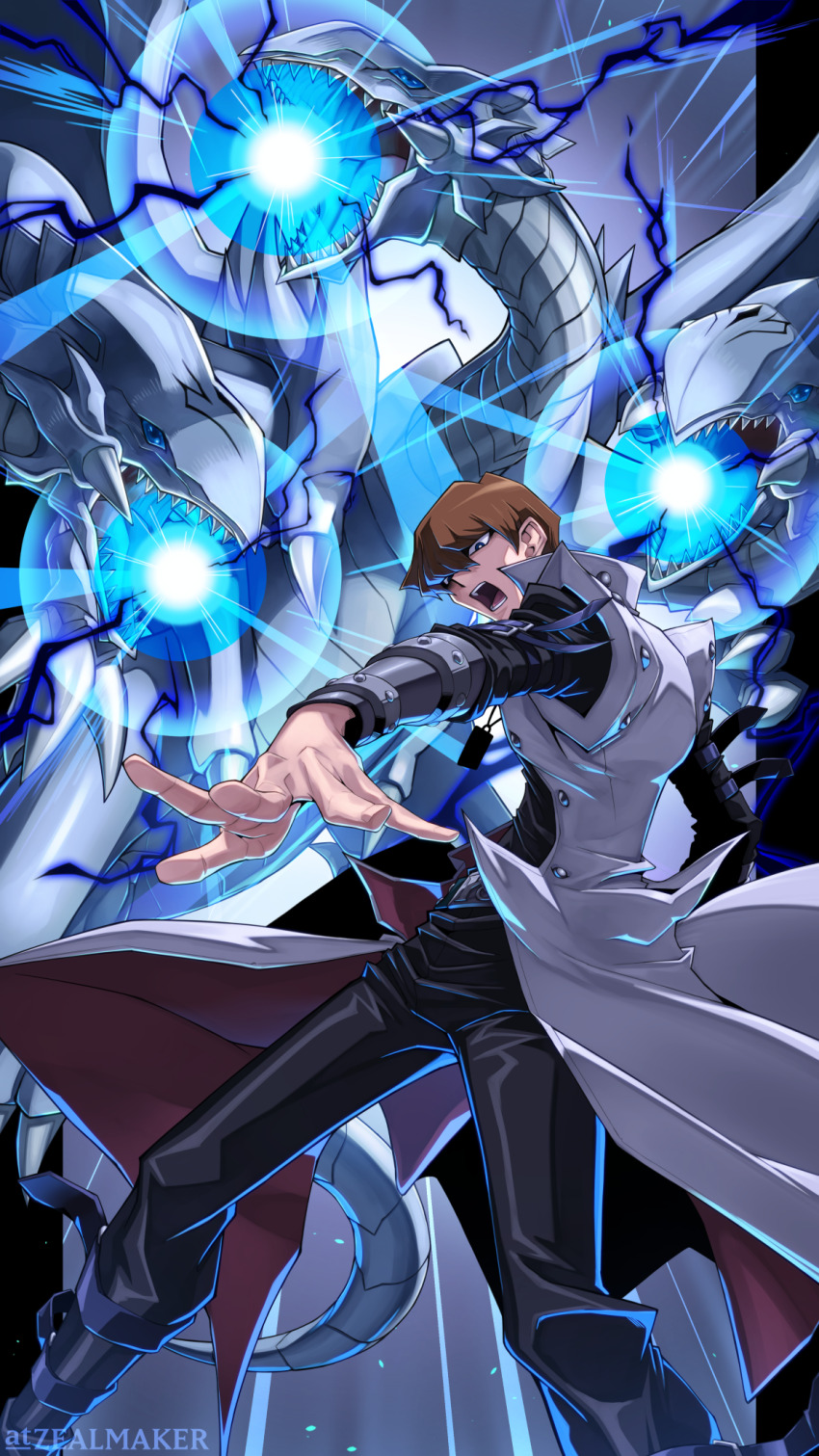 1boy artist_name aura black_pants blue-eyes_ultimate_dragon blue_eyes brown_hair coat dragon dragon_wings duel_monster energy glowing hair_between_eyes highres kaiba_seto male_focus multiple_heads open_mouth outstretched_arm pants powering_up sharp_teeth teeth white_coat wings yu-gi-oh! yu-gi-oh!_duel_monsters zealmaker