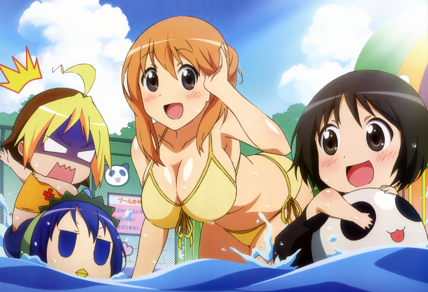 4girls ^^^ absurdres age_difference ahoge anzu_(hanamaru_youchien) bikini blonde_hair blue_eyes blue_hair blush breast_envy breasts brown_eyes brown_hair child cleavage cloud day dyed_bangs empty_eyes hanamaru_youchien highres hiiragi_(hanamaru_youchien) kappa koume_(hanamaru_youchien) large_breasts leaning_forward long_hair looking_at_breasts multicolored_hair multiple_girls nyantype official_art onoda_masahito open_mouth orange_hair outdoors pool short_hair side-tie_bikini_bottom sky swimsuit turn_pale water yamamoto_nanako