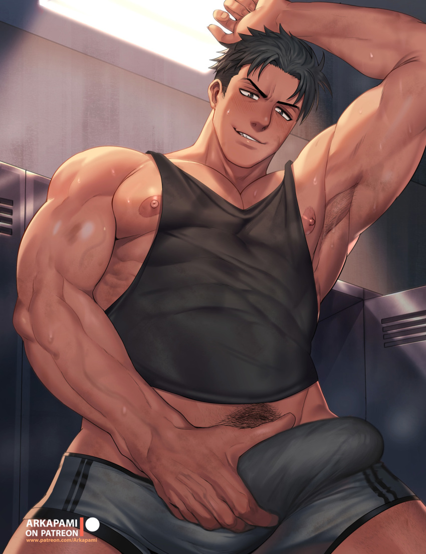 1boy akitaru_oubi arkapami bara bare_pectorals black_tank_top bulge covered_abs cropped_legs en&#039;en_no_shouboutai erection erection_under_clothes facial_hair grey_boxers grey_male_underwear highres large_pectorals male_focus male_masturbation male_pubic_hair male_underwear masturbation muscular nipple_slip nipples pectorals pubic_hair short_hair sideburns solo stubble sweat tank_top thick_thighs thighs underwear