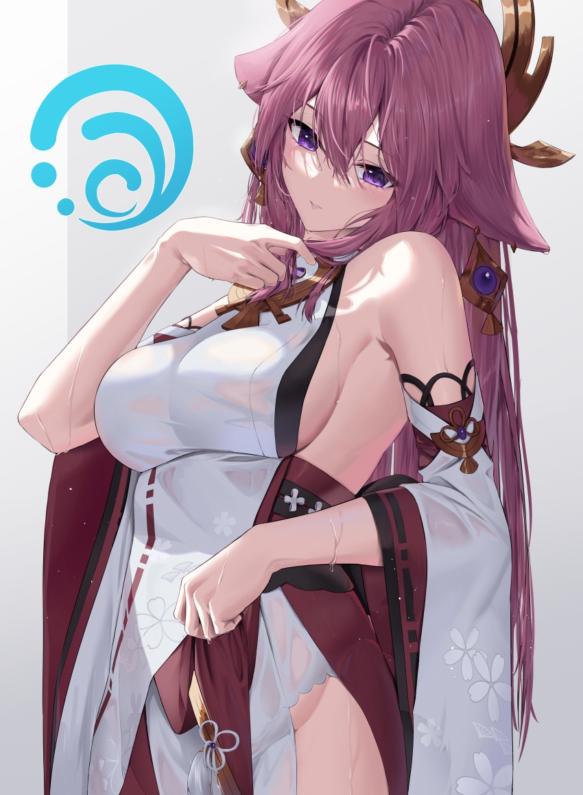 1girl absurdres animal_ears bare_shoulders breasts earrings floppy_ears fox_ears genshin_impact hair_ornament hand_up highres japanese_clothes jewelry large_breasts long_hair obi parted_lips pink_hair purple_eyes sasa_(sasa_ekakiman) sash water wet wet_clothes wet_hair wide_sleeves yae_miko