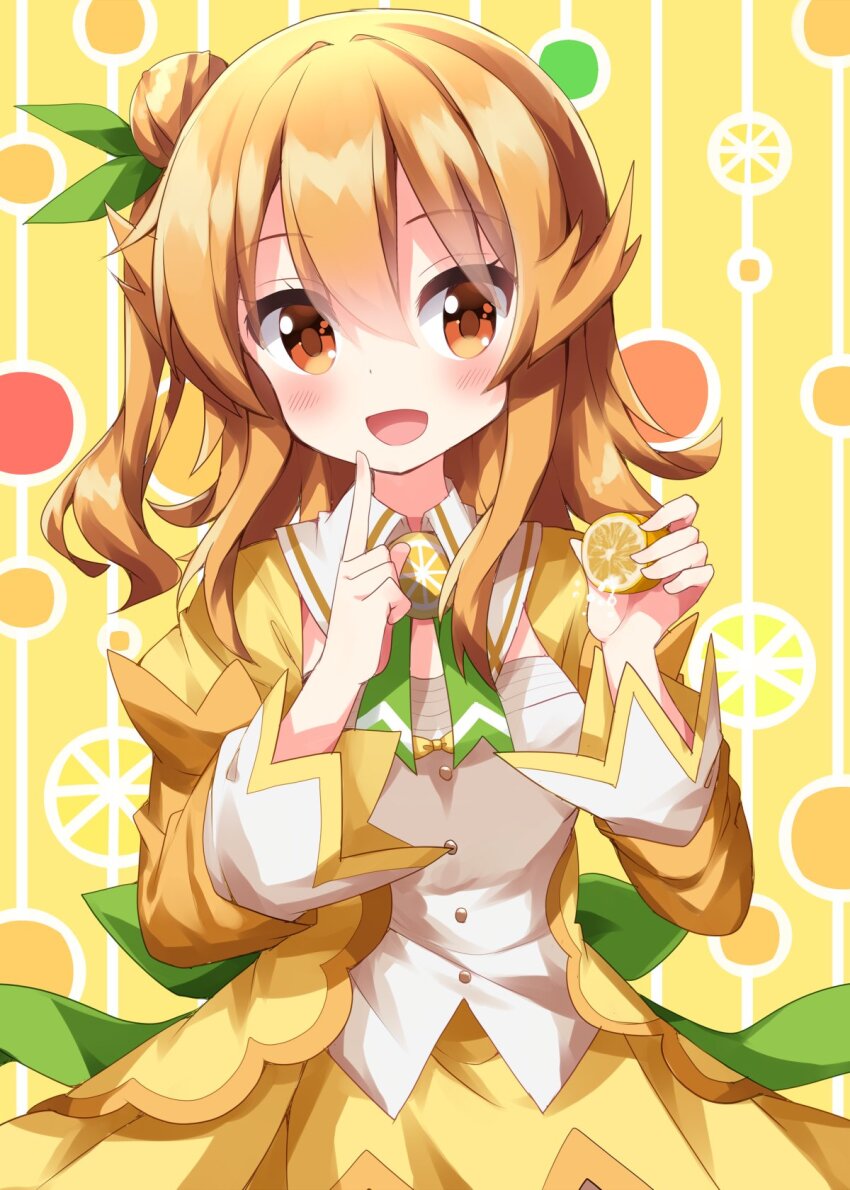 1girl :d blush collared_dress commentary_request cowboy_shot dress food fruit green_ribbon hair_between_eyes hair_bun hands_up highres hinatsuki_mikan holding holding_food holding_fruit lemon long_hair long_sleeves looking_at_viewer machikado_mazoku neck_ribbon open_mouth orange_eyes orange_hair ribbon ruu_(tksymkw) smile solo yellow_background yellow_dress