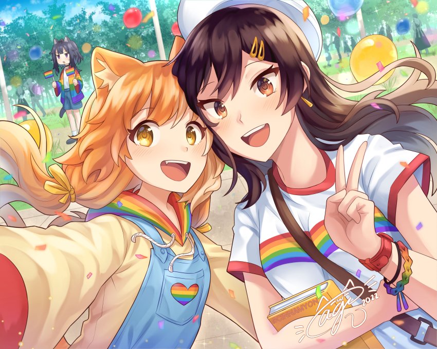 2boys 6+girls absurdres animal_ear_fluff animal_ears balloon black_hair brown_eyes brown_hair cat_ears cinnamyon hair_ornament hairclip highres lgbt_pride long_hair multiple_boys multiple_girls orange_hair original rainbow_flag rainbow_print selfie signature v yellow_eyes yuri