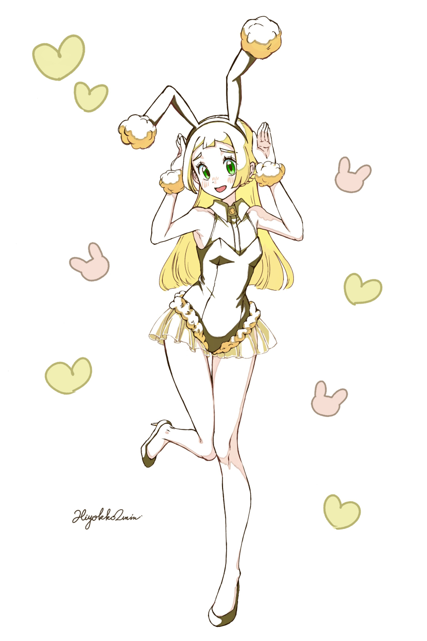 1girl absurdres alternate_costume animal_ears blonde_hair blush commentary_request creatures_(company) eyelashes fake_animal_ears full_body game_freak green_eyes hairband hands_up heart high_heels highres hiyokko2min knees knees_together_feet_apart leg_up leotard lillie_(pokemon) long_hair looking_at_viewer nintendo open_mouth playboy_bunny pokemon pokemon_sm puffy_wrist_cuffs rabbit_ears signature simple_background smile solo white_background