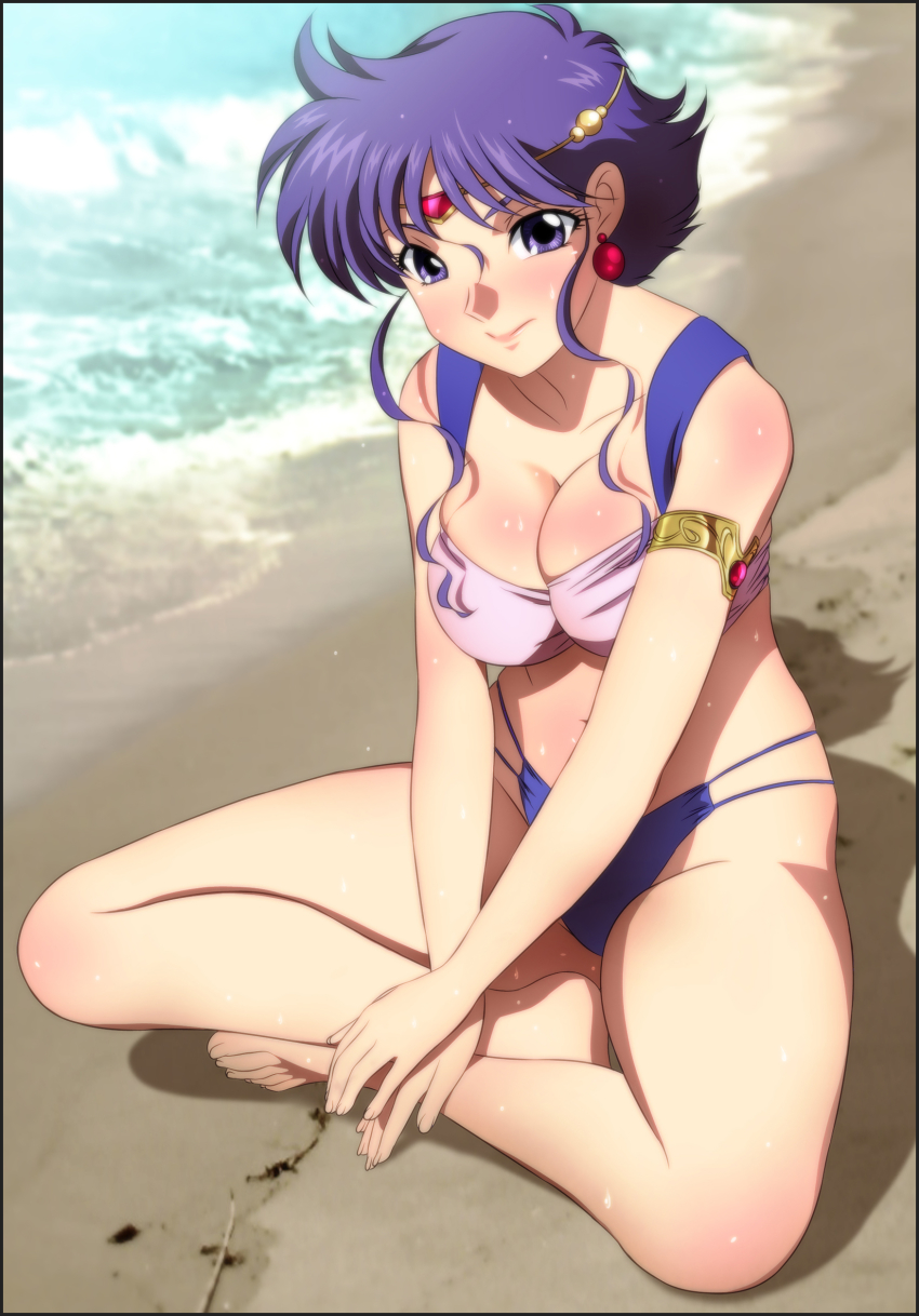 1girl absurdres banpresto barefoot beach bikini blush breasts cleavage earrings feet female_focus highres hip_focus jewelry large_breasts legs looking_at_viewer ocean purple_eyes purple_hair sand shadow short_hair sitting solo super_robot_wars sweat swimsuit thighs toes water xenia_grania_bilseia yadokari_genpachirou