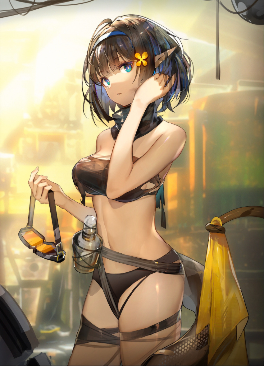 1girl arknights bandeau belt black_belt black_panties black_scarf blue_eyes blue_hairband bottle breasts cowboy_shot dadijiji eunectes_(arknights) goggles hairband hand_in_own_hair hand_up head_tilt highres holding holding_goggles holding_with_tail large_breasts midriff navel panties pointy_ears prehensile_tail scarf short_hair snake_tail solo standing stomach strapless tail thigh_strap thighs tube_top underwear undressing