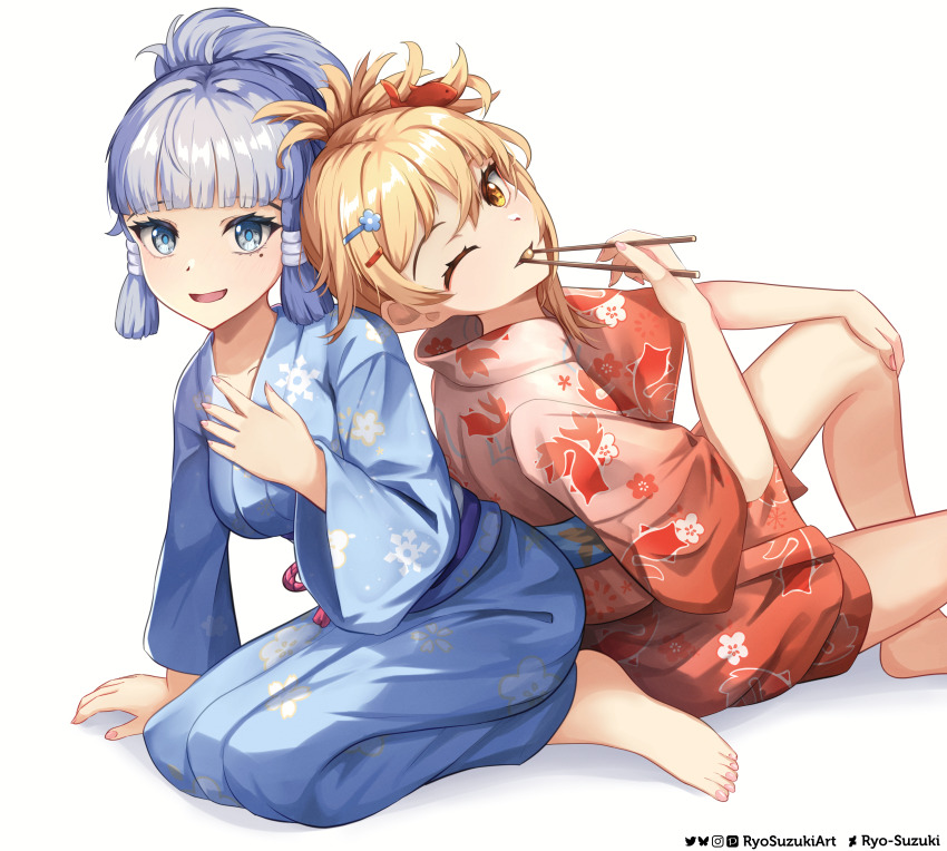 3girls absurdres arched_bangs artist_name ayaka_(genshin_impact) blonde_hair blue_eyes blue_hair blue_kimono blue_sash bluesky_logo bluesky_username chopsticks collarbone commentary deviantart_logo deviantart_username english_commentary fingernails floral_print floral_print_kimono food_in_mouth genshin_impact hand_on_own_knee hand_up highres holding holding_chopsticks instagram_logo instagram_username japanese_clothes kimono long_hair long_sleeves looking_at_viewer mixed-language_commentary mole mole_under_eye multiple_girls obi one_eye_closed open_mouth pixiv_logo pixiv_username print_kimono red_kimono ryo-suzuki sash seiza sitting smile twitter_logo twitter_username white_background yellow_eyes yoimiya_(genshin_impact) yukata