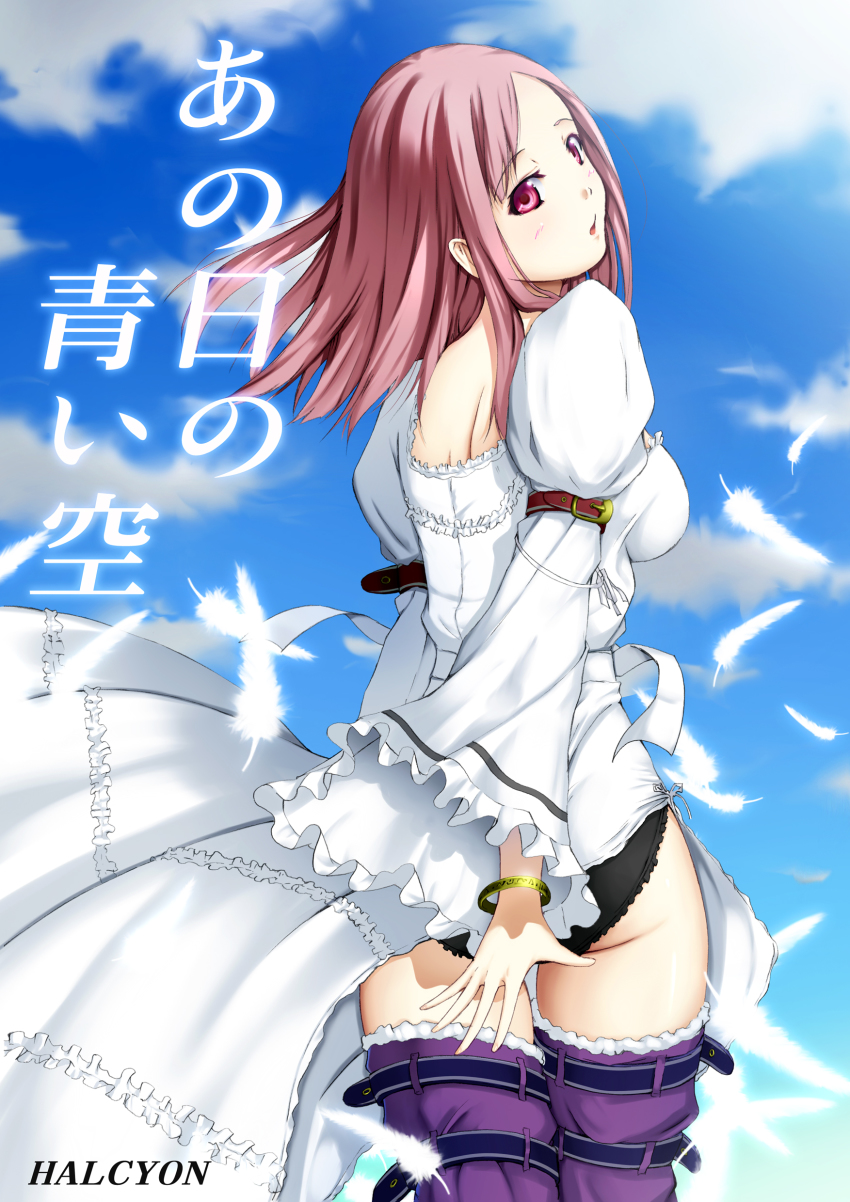 1girl :o absurdres black_panties bracelet dress feathers female_focus from_behind halcyon highres jewelry looking_back original panties red_eyes red_hair solo thighhighs underwear