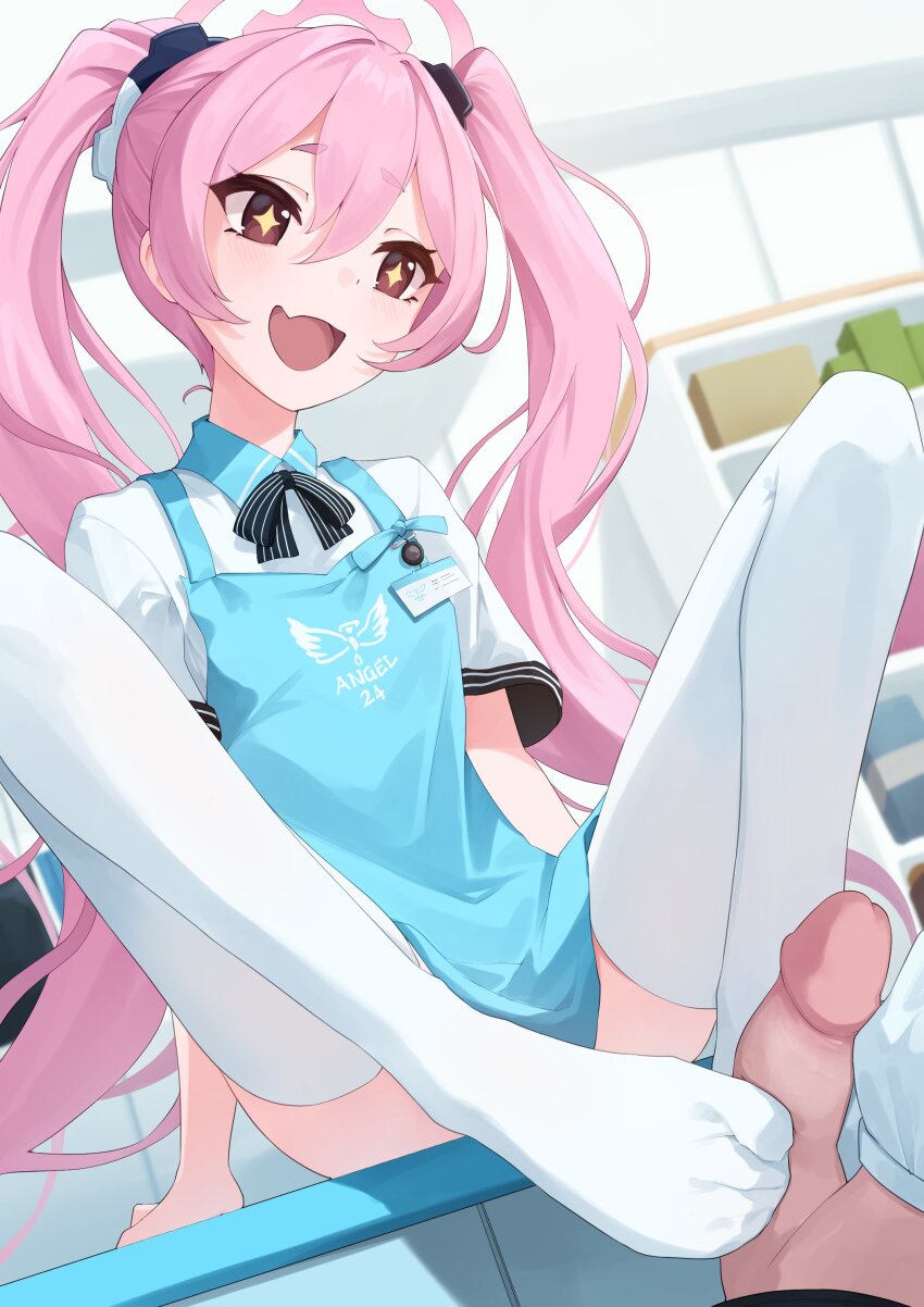 1boy 1girl absurdres angel&#039;s_24_uniform_(blue_archive) apron blue_apron blue_archive brown_eyes erection feet footjob gueya halo hetero highres indoors koyuki_(blue_archive) long_hair no_shoes open_mouth penis pink_hair pink_halo shirt short_sleeves sitting smile solo_focus thighhighs twintails two-footed_footjob uncensored very_long_hair white_shirt white_thighhighs