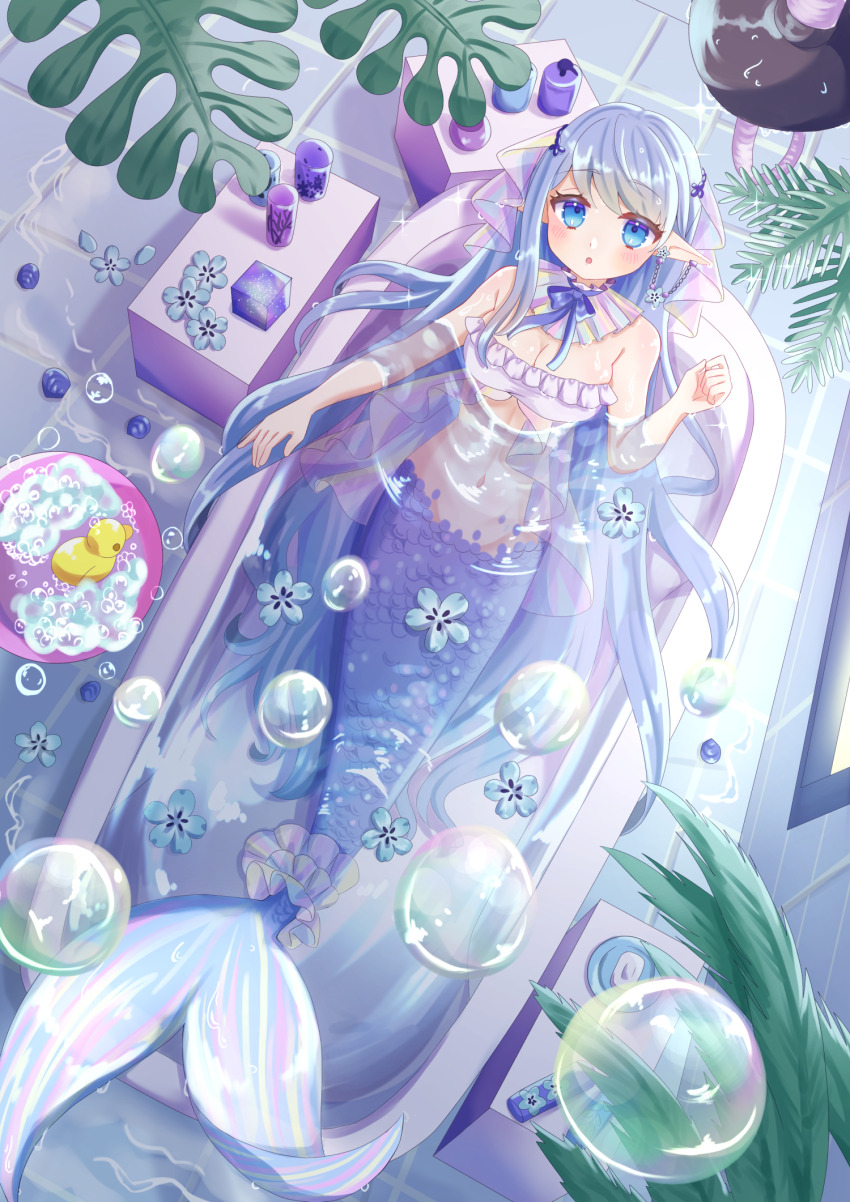 1girl bathtub blue_eyes blue_hair blush breasts earrings flower hamkuti highres jewelry light_blue_hair long_hair mermaid monster_girl navel original plant pointy_ears rubber_duck soap soap_bubbles solo tile_floor tiles very_long_hair window