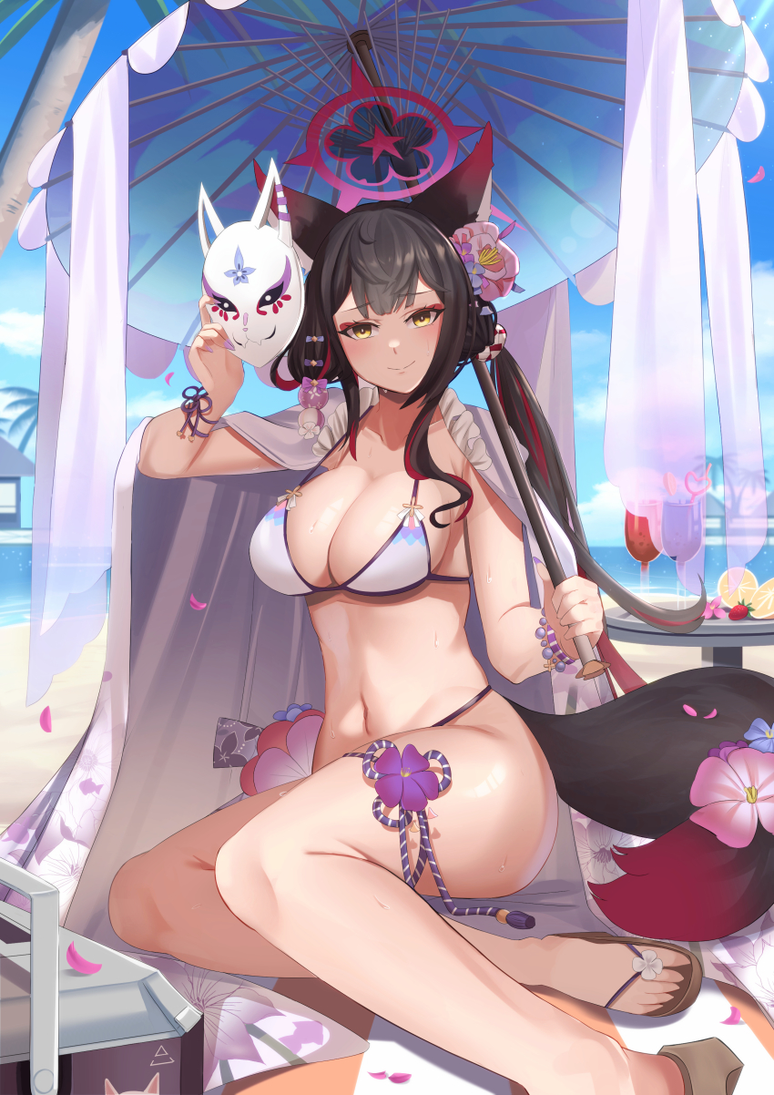 1girl absurdres animal_ears barefoot_sandals_(jewelry) beach bikini black_hair blue_archive blue_sky breasts closed_mouth cloud cup daweykun day drinking_glass flower fox_ears fox_girl fox_mask fox_tail hair_flower hair_ornament halo highres holding holding_mask holding_umbrella large_breasts long_hair looking_at_viewer low_twintails mask multicolored_hair navel ocean outdoors parasol red_hair sandals sitting sky solo swimsuit tail toes twintails two-tone_hair umbrella wakamo_(blue_archive) wakamo_(swimsuit)_(blue_archive) white_bikini