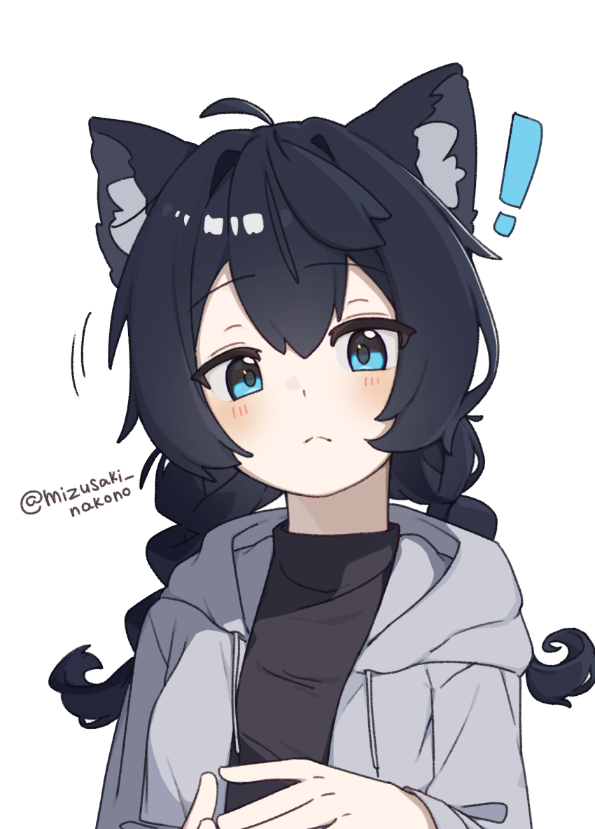 ! 1girl ahoge animal_ear_fluff animal_ears black_hair black_shirt blue_eyes blush braid cat_ears cat_girl check_copyright closed_mouth commentary_request copyright_request drawstring grey_hoodie highres hood hood_down hoodie long_hair long_sleeves looking_at_viewer mizusaki_nakono open_clothes open_hoodie original shirt simple_background solo twin_braids twitter_username upper_body white_background