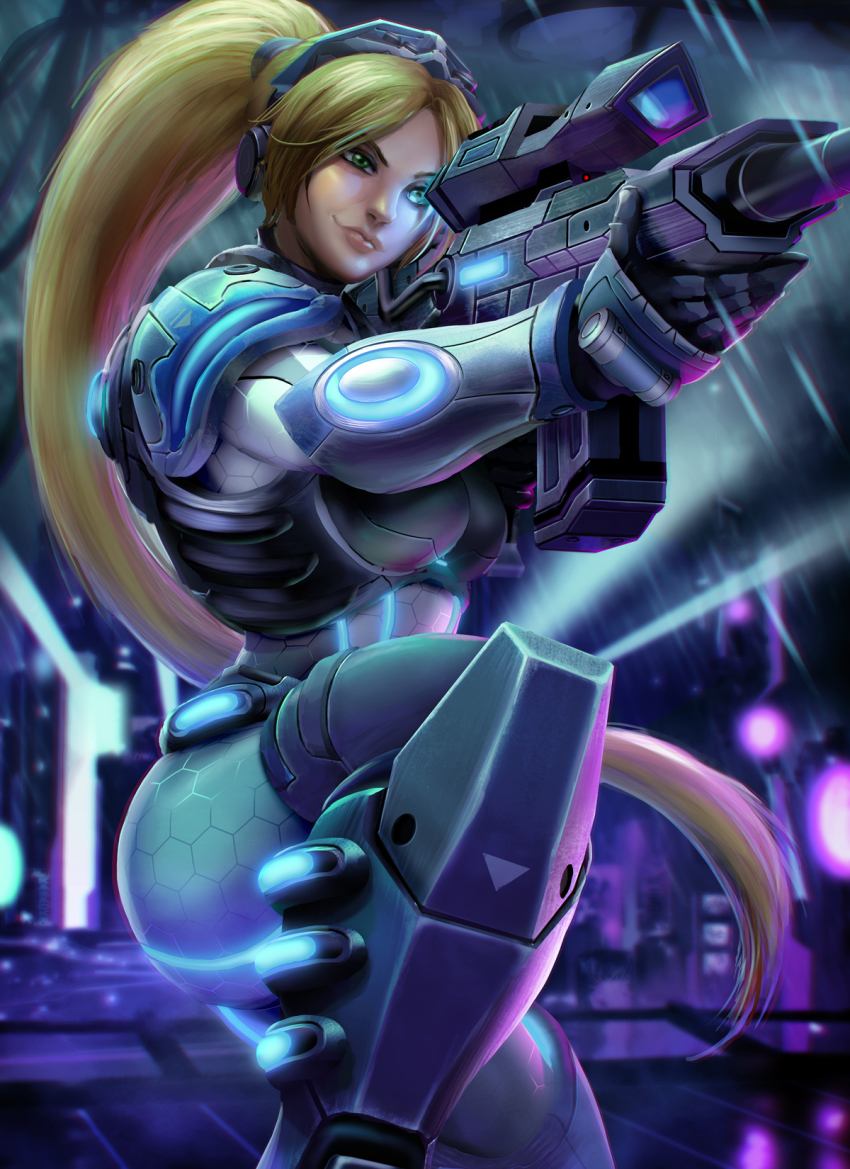 1girl aiming armor blonde_hair bodysuit boobplate breastplate breasts eyewear_on_head green_eyes gun highres large_breasts long_hair nova_(starcraft) ponytail rain rifle ruben_de_vela skin_tight sniper_rifle solo starcraft tagme visor weapon