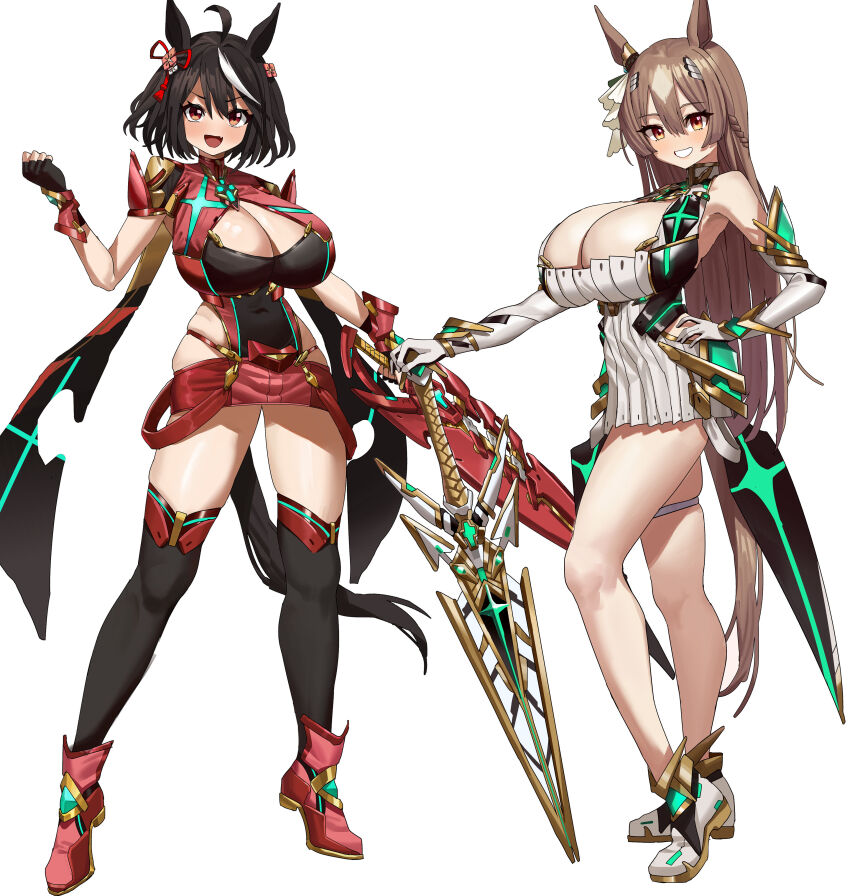 2girls absurdres animal_ears black_hair black_thighhighs breasts brown_eyes brown_hair cleavage cosplay feipin_zhanshi full_body highres holding holding_sword holding_weapon horse_ears horse_girl kitasan_black_(umamusume) large_breasts long_hair multicolored_hair multiple_girls mythra_(xenoblade) mythra_(xenoblade)_(cosplay) number-only_commentary open_mouth pyra_(xenoblade) pyra_(xenoblade)_(cosplay) red_eyes satono_diamond_(umamusume) short_hair streaked_hair sword thighhighs thighs umamusume weapon white_hair xenoblade_chronicles_(series) xenoblade_chronicles_2