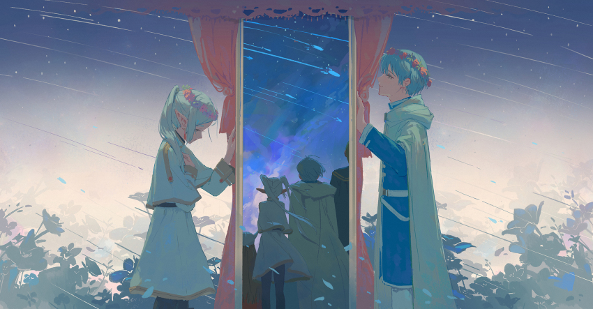 1girl 3boys belt blue_hair blue_shirt capelet cloak closed_mouth commentary curtains earrings eisen_(sousou_no_frieren) elf feet_out_of_frame field flower flower_field frieren from_side gold_trim hano_1219 head_wreath heiter highres himmel_(sousou_no_frieren) hood hood_down hooded_cloak jacket jewelry long_hair long_sleeves meteor_shower multiple_boys multiple_views night night_sky pointy_ears red_curtains sad shirt shooting_star short_hair skirt skirt_set sky sousou_no_frieren standing star_(sky) starry_sky twintails white_belt white_capelet white_cloak white_hair white_jacket white_skirt