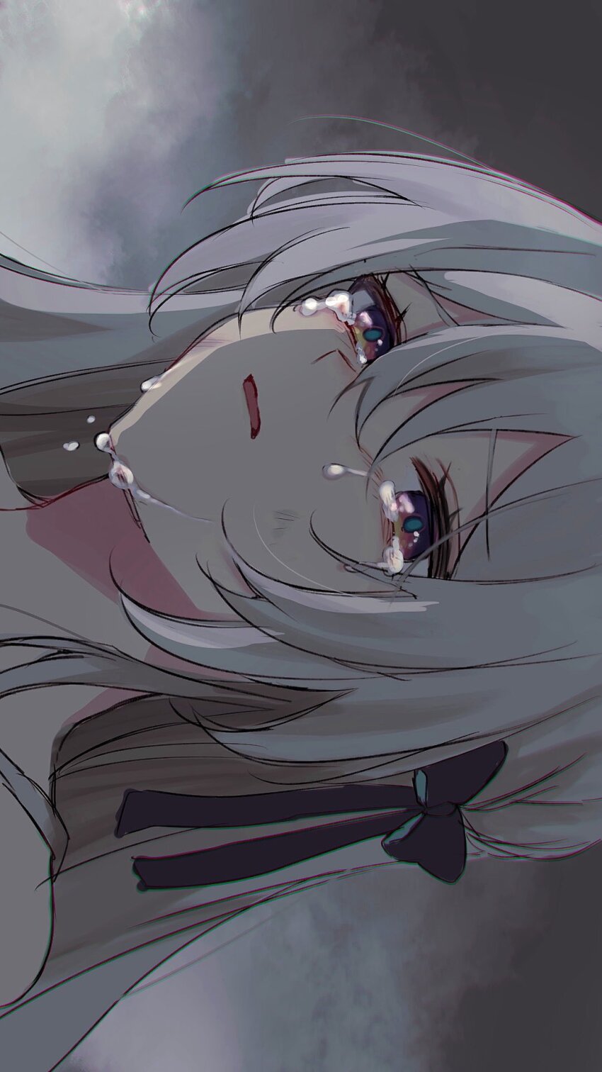 1girl crying firefly_(honkai:_star_rail) grey_hair hair_between_eyes hair_ribbon highres honkai:_star_rail honkai_(series) long_hair mokota open_mouth ribbon tears two-tone_eyes upper_body