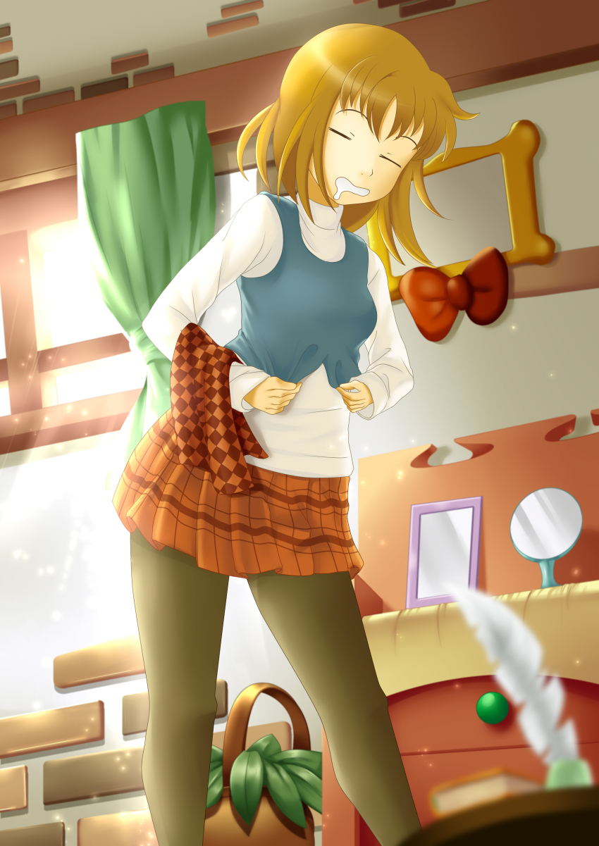 absurdres bedroom cornet_espoir dressing drooling headdress highres marl_kingdom messy_hair morning pantyhose plaid_clothes plaid_skirt red_hair rhapsody short_hair skirt solo sweater turtleneck turtleneck_sweater vest waking_up white_namikaze yawning