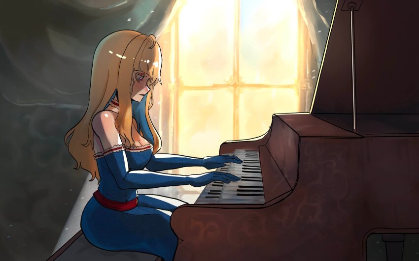 1girl absurdres ahoge alternate_costume bare_shoulders basedbinkie blonde_hair blue_dress blue_eyes blue_gloves blush book breasts chair choker cleavage commentary curtains dress elbow_gloves english_commentary flayne_(basedbinkie) from_side gloves grand_piano highres indoors instrument lace-trimmed_choker lace_trim long_hair medium_breasts music original parted_lips partially_shaded_face piano piano_bench playing_instrument playing_piano sitting solo strapless strapless_dress sunlight very_long_hair window